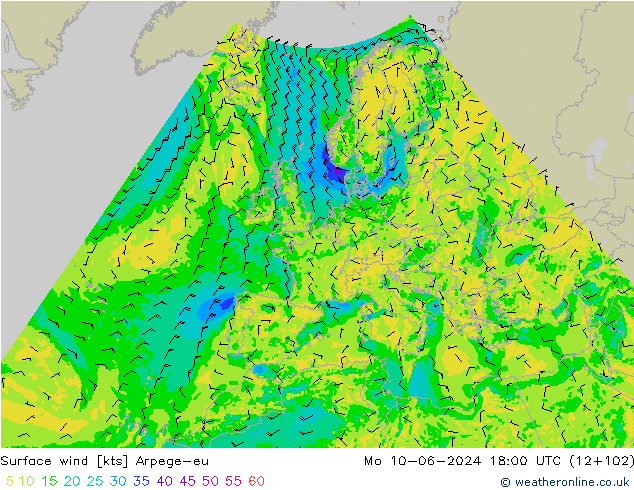 Wind 10 m Arpege-eu ma 10.06.2024 18 UTC