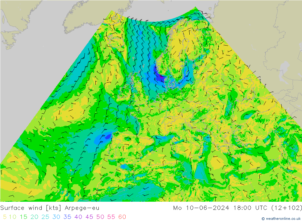 Surface wind Arpege-eu Mo 10.06.2024 18 UTC