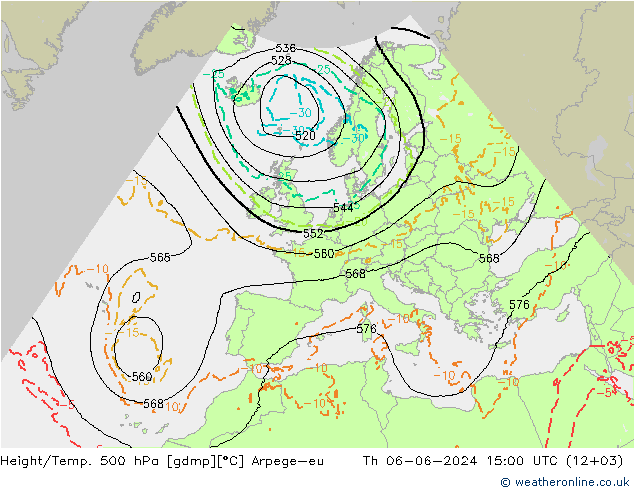 Height/Temp. 500 hPa Arpege-eu Th 06.06.2024 15 UTC