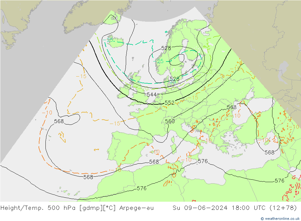 Geop./Temp. 500 hPa Arpege-eu dom 09.06.2024 18 UTC