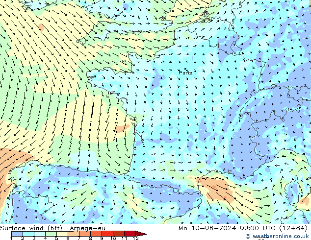 Wind 10 m (bft) Arpege-eu ma 10.06.2024 00 UTC