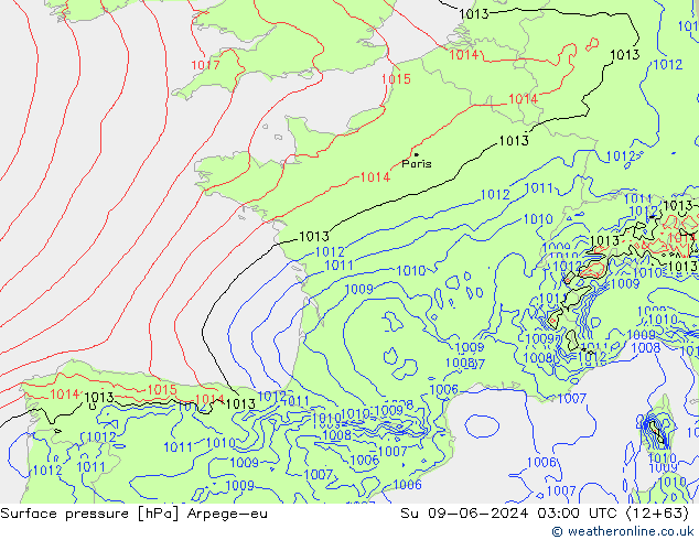 Pressione al suolo Arpege-eu dom 09.06.2024 03 UTC