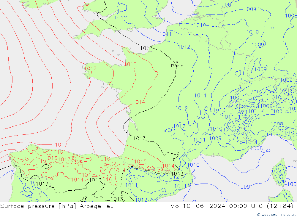 Surface pressure Arpege-eu Mo 10.06.2024 00 UTC