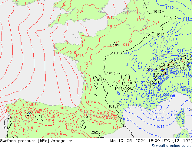 Surface pressure Arpege-eu Mo 10.06.2024 18 UTC