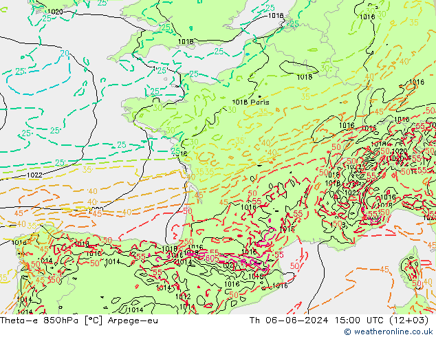 Theta-e 850hPa Arpege-eu Čt 06.06.2024 15 UTC