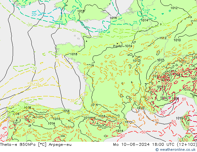 Theta-e 850hPa Arpege-eu Mo 10.06.2024 18 UTC