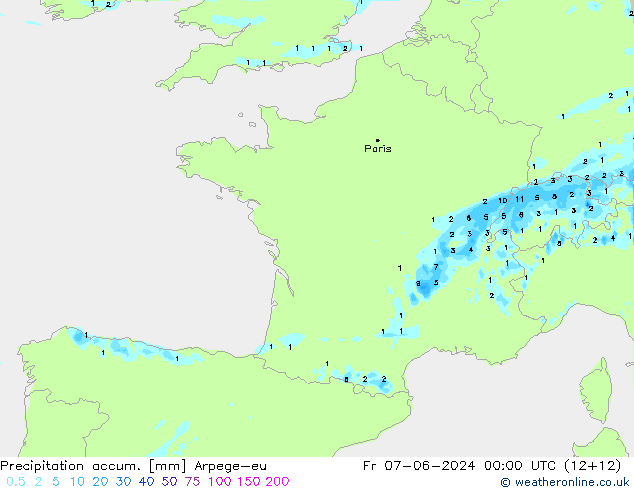 Totale neerslag Arpege-eu vr 07.06.2024 00 UTC