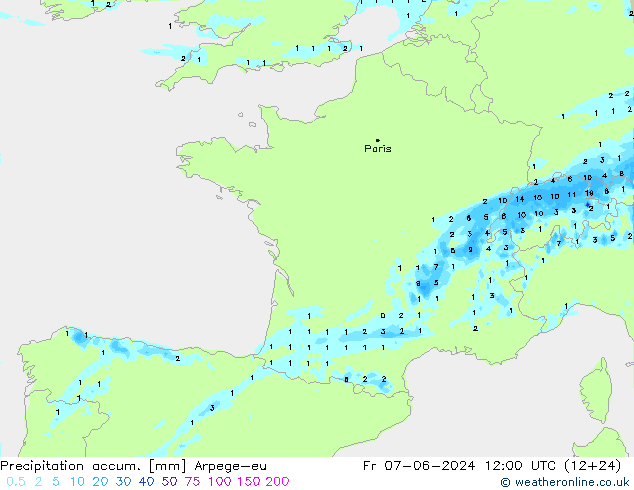 Precipitation accum. Arpege-eu  07.06.2024 12 UTC