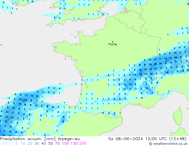 Precipitation accum. Arpege-eu Sa 08.06.2024 12 UTC