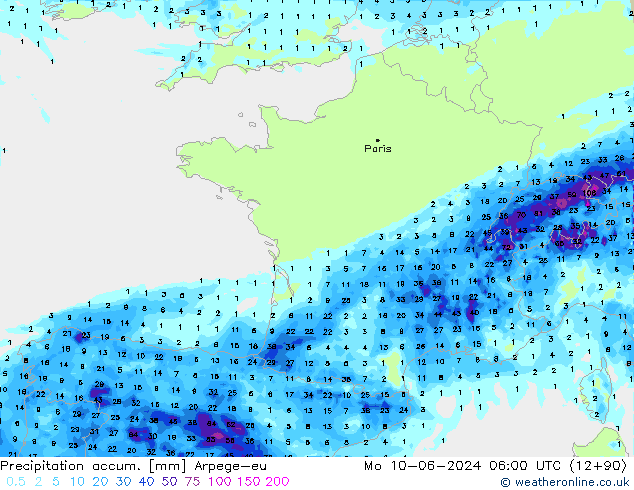 Precipitation accum. Arpege-eu Po 10.06.2024 06 UTC