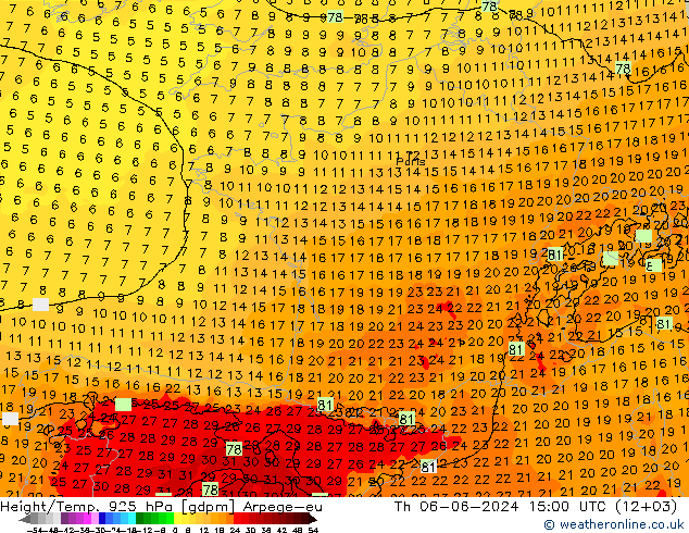 Geop./Temp. 925 hPa Arpege-eu jue 06.06.2024 15 UTC