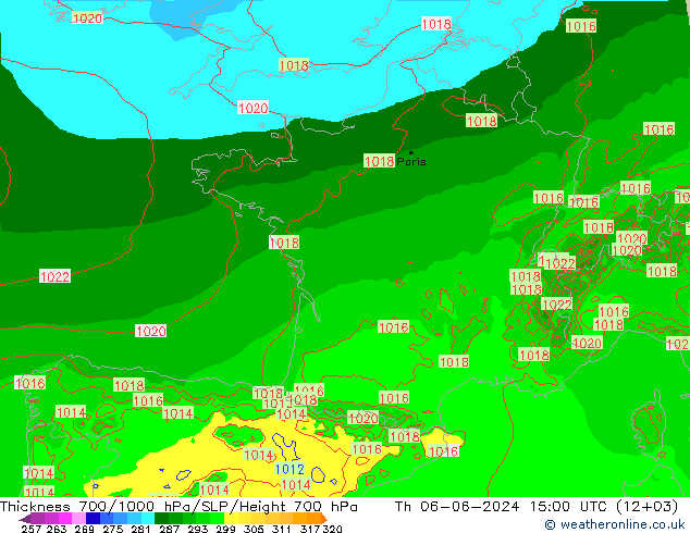 Schichtdicke 700-1000 hPa Arpege-eu Do 06.06.2024 15 UTC