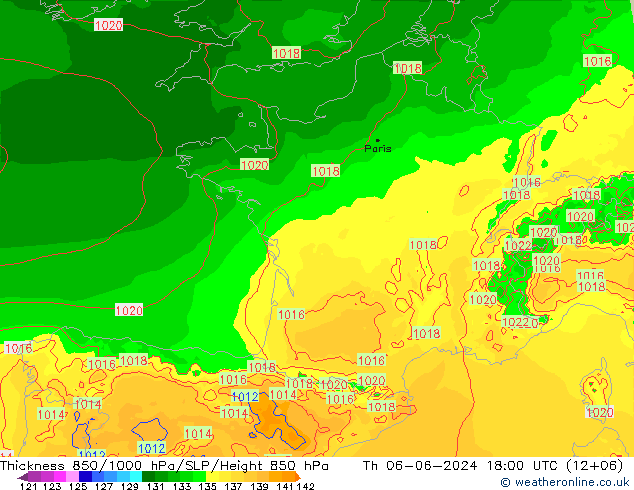 Thck 850-1000 гПа Arpege-eu чт 06.06.2024 18 UTC