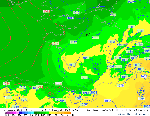 Thck 850-1000 hPa Arpege-eu dom 09.06.2024 18 UTC