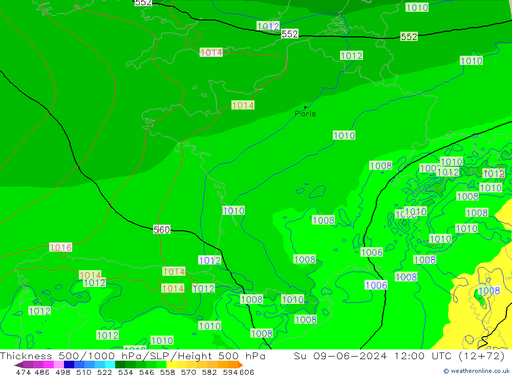 Dikte 500-1000hPa Arpege-eu zo 09.06.2024 12 UTC