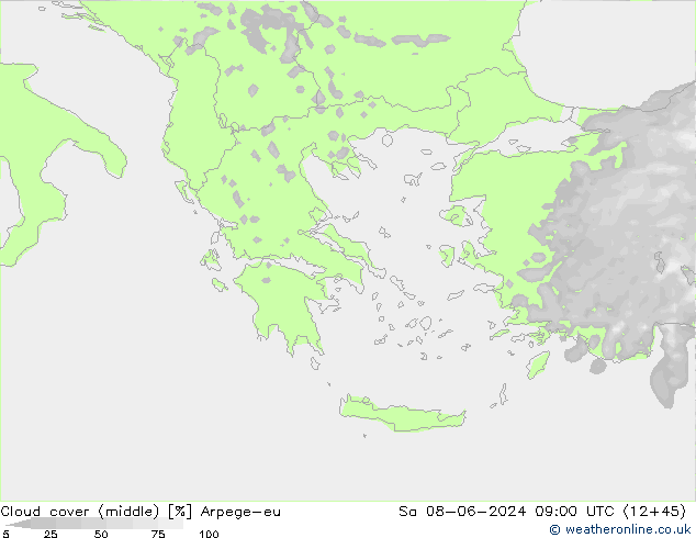 Cloud cover (middle) Arpege-eu Sa 08.06.2024 09 UTC