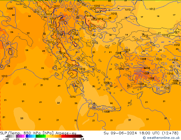 SLP/Temp. 850 hPa Arpege-eu Su 09.06.2024 18 UTC