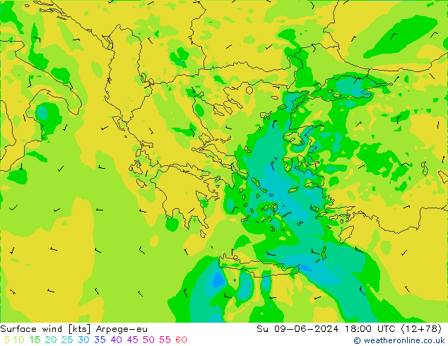 Vento 10 m Arpege-eu Dom 09.06.2024 18 UTC