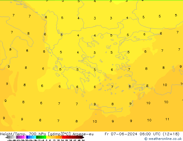 Height/Temp. 700 гПа Arpege-eu пт 07.06.2024 06 UTC