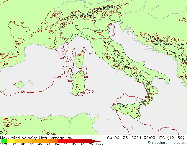 Max. wind velocity Arpege-eu Ne 09.06.2024 09 UTC