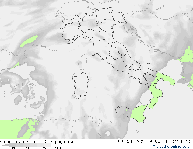 Cloud cover (high) Arpege-eu Su 09.06.2024 00 UTC