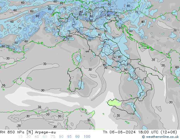 RH 850 hPa Arpege-eu Čt 06.06.2024 18 UTC