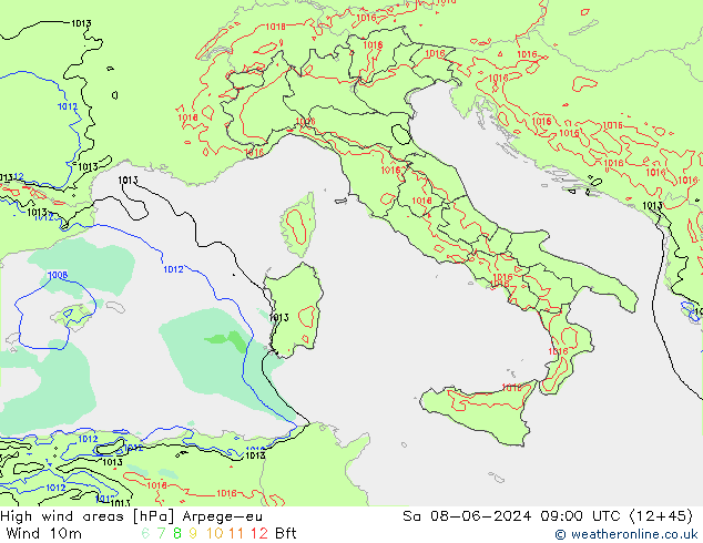 High wind areas Arpege-eu  08.06.2024 09 UTC