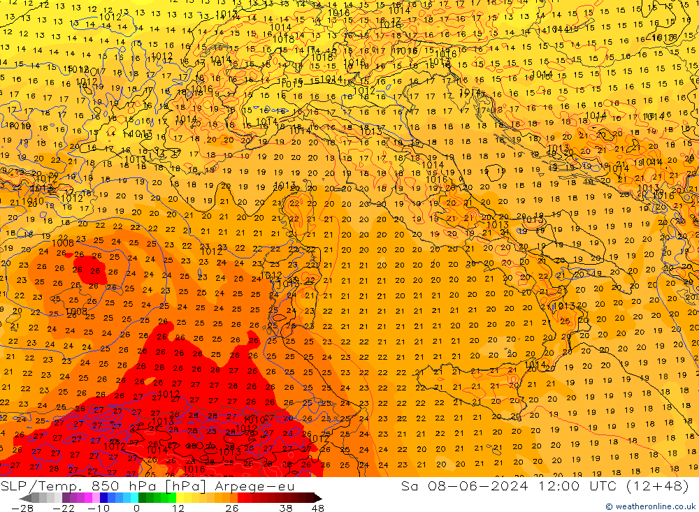 SLP/Temp. 850 hPa Arpege-eu So 08.06.2024 12 UTC