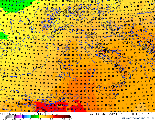 850 hPa Yer Bas./Sıc Arpege-eu Paz 09.06.2024 12 UTC