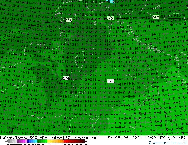 Height/Temp. 500 hPa Arpege-eu sab 08.06.2024 12 UTC