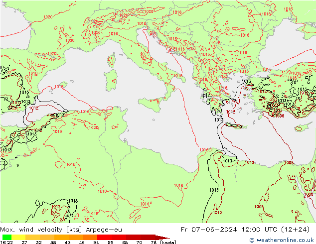 Max. wind velocity Arpege-eu Fr 07.06.2024 12 UTC