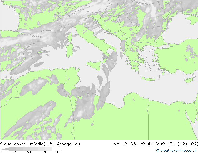 Cloud cover (middle) Arpege-eu Mo 10.06.2024 18 UTC