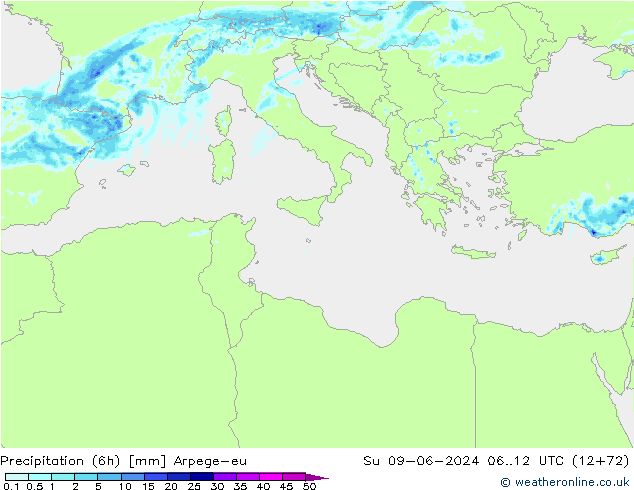 Precipitación (6h) Arpege-eu dom 09.06.2024 12 UTC