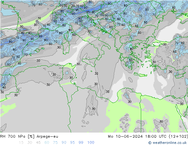 RH 700 hPa Arpege-eu Po 10.06.2024 18 UTC