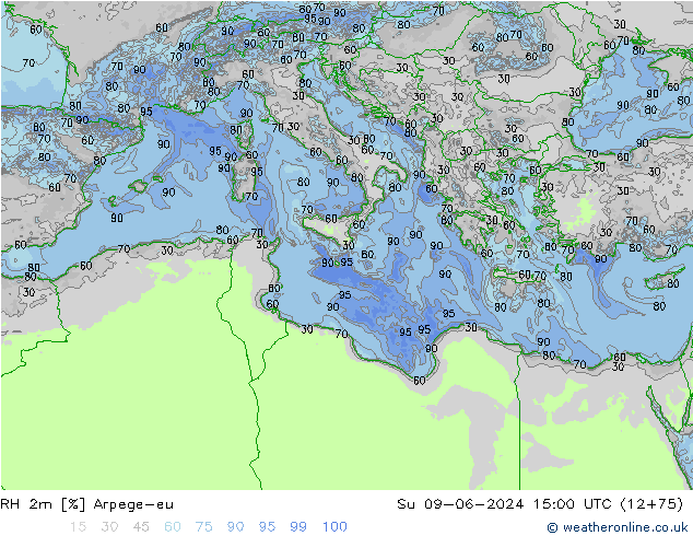 Humidité rel. 2m Arpege-eu dim 09.06.2024 15 UTC