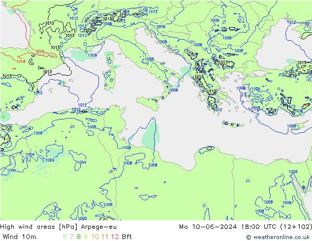 High wind areas Arpege-eu  10.06.2024 18 UTC