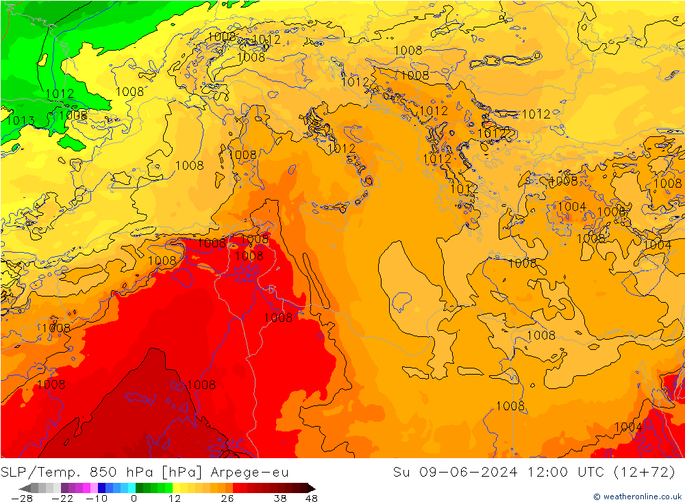 SLP/Temp. 850 hPa Arpege-eu Su 09.06.2024 12 UTC