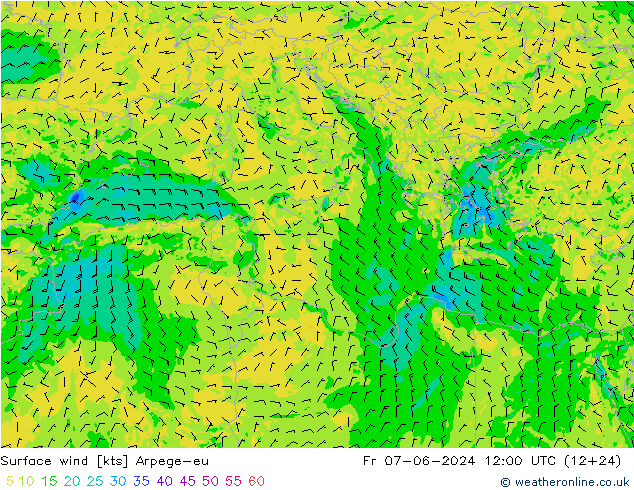 Viento 10 m Arpege-eu vie 07.06.2024 12 UTC