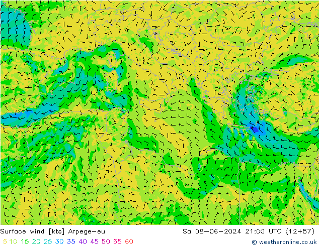 Wind 10 m Arpege-eu za 08.06.2024 21 UTC