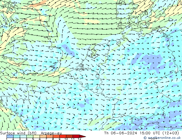 Vento 10 m (bft) Arpege-eu Qui 06.06.2024 15 UTC