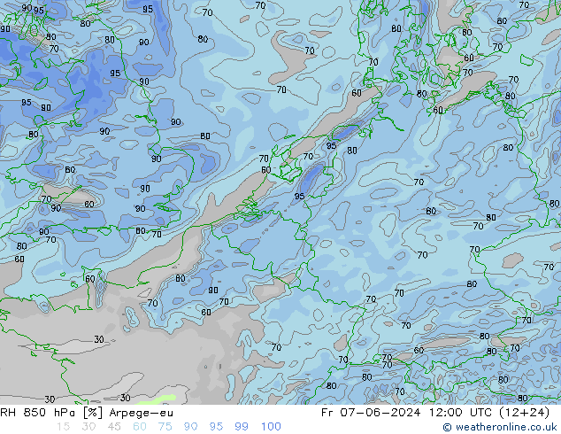 RH 850 hPa Arpege-eu Fr 07.06.2024 12 UTC