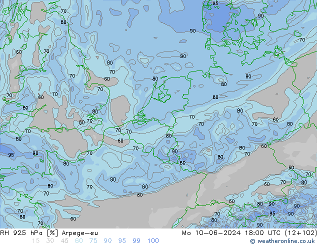 RH 925 hPa Arpege-eu Mo 10.06.2024 18 UTC