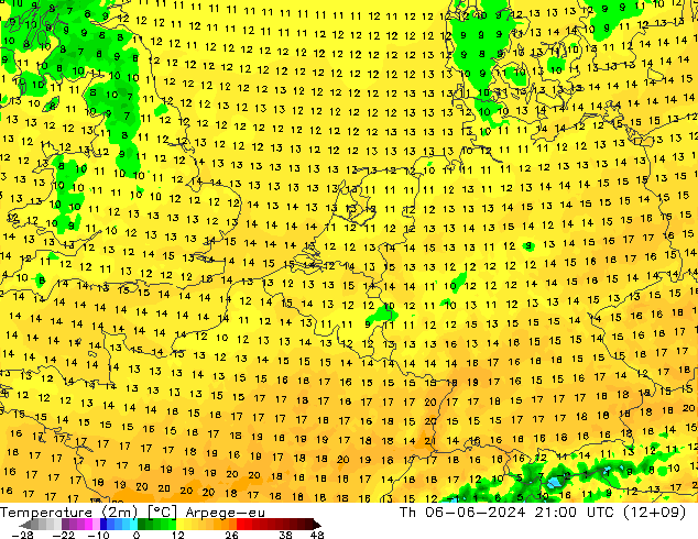 Temperatuurkaart (2m) Arpege-eu do 06.06.2024 21 UTC