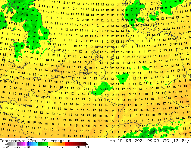 Sıcaklık Haritası (2m) Arpege-eu Pzt 10.06.2024 00 UTC