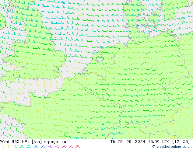 Vento 850 hPa Arpege-eu Qui 06.06.2024 15 UTC