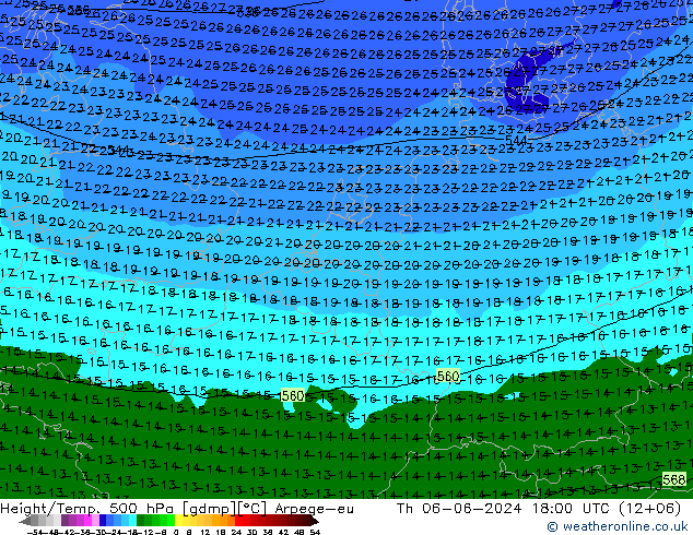 Height/Temp. 500 hPa Arpege-eu Th 06.06.2024 18 UTC