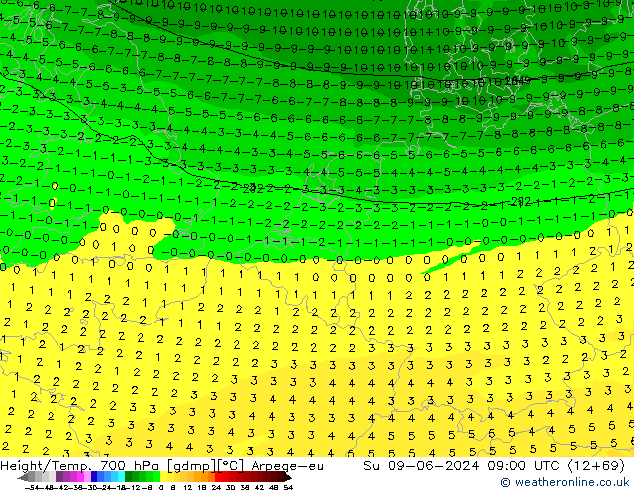 Hoogte/Temp. 700 hPa Arpege-eu zo 09.06.2024 09 UTC