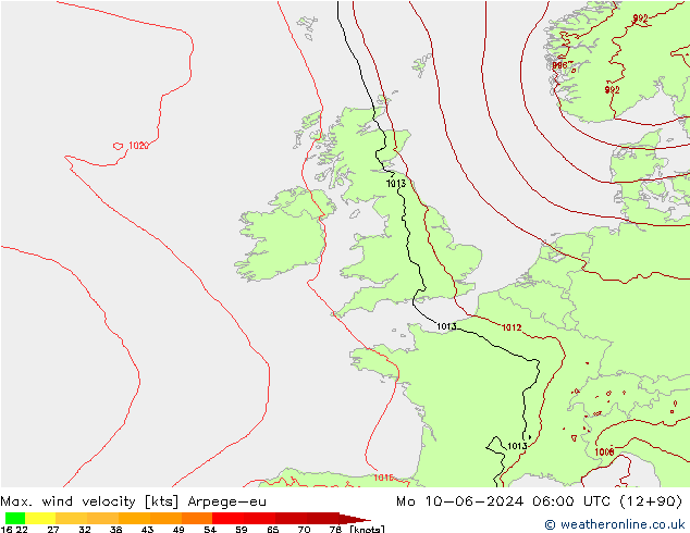 Max. wind velocity Arpege-eu pon. 10.06.2024 06 UTC