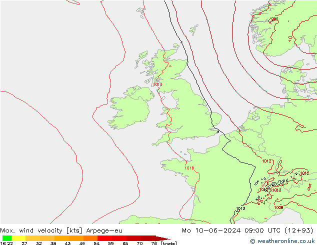 Max. wind velocity Arpege-eu lun 10.06.2024 09 UTC