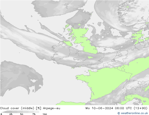 Cloud cover (middle) Arpege-eu Mo 10.06.2024 06 UTC